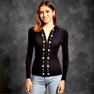 Belldini Black Bedazzled Zip-Up Cardigan Sweater, Size M